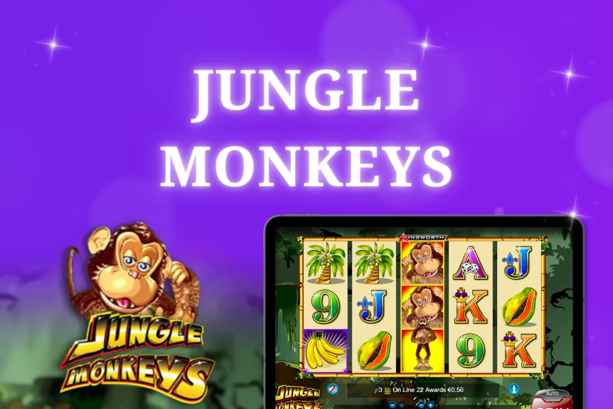 tablet with Jungle Monkeys pokie on purple background